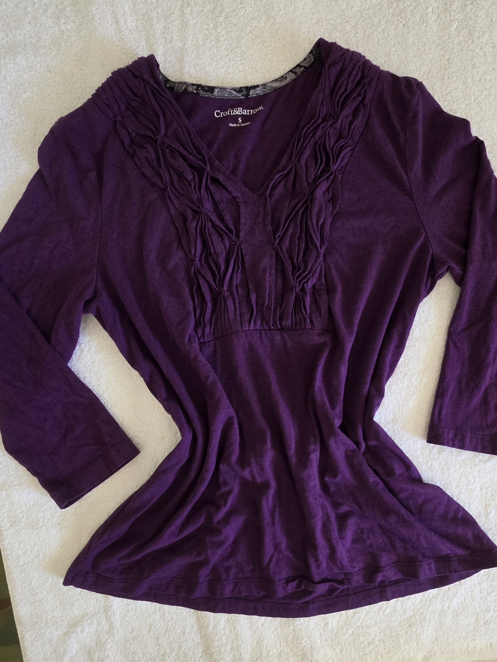 Croft & Barrow Purple Ruffle V-Neck Blouse Top Women's Size S 3/4 Sleeve